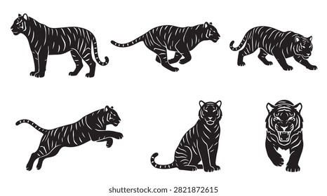 Black and White Tiger Vector Silhouettes Set with Animal Poses for Graphic Design and Mascot Use