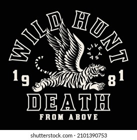 Black and White Tiger with Wings Illustration with A Slogan Artwork on Black Background for Apparel or Other Uses