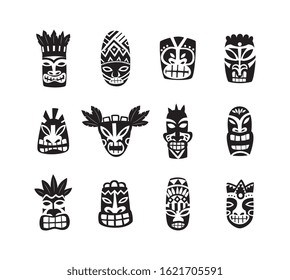 Black and white tiki mask drawing icon set isolated on white background - Hawaiian and Polynesian culture totem heads with painted ornaments, flat vector illustration