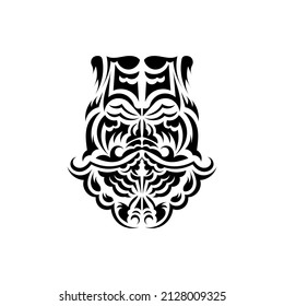 Black and white Tiki mask. Frightening masks in the local ornament of Polynesia. Isolated. Ready tattoo template. Vector.