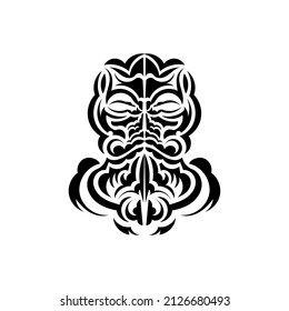 Black and white Tiki mask. Native Polynesians and Hawaiians tiki illustration in black and white. Isolated on white background. Ready tattoo template. Vector illustration.