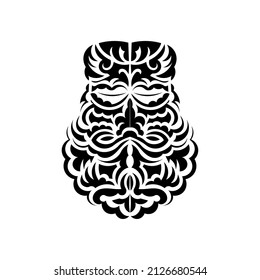 Black and white Tiki mask. Native Polynesians and Hawaiians tiki illustration in black and white. Isolated on white background. Ready tattoo template. Vector.