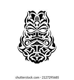 Black and white Tiki mask. Native Polynesians and Hawaiians tiki illustration in black and white. Isolated. Tattoo sketch. Vector illustration.