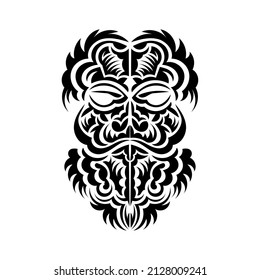 Black and white Tiki mask. Native Polynesians and Hawaiians tiki illustration in black and white. Isolated on white background. Tattoo sketch. Vector.