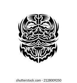 Black and white Tiki mask. Native Polynesians and Hawaiians tiki illustration in black and white. Isolated on white background. Tattoo sketch. Vector illustration.