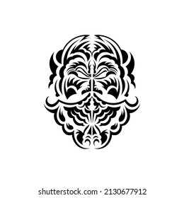 Black and white Tiki mask. Native Polynesians and Hawaiians tiki illustration in black and white. Isolated. Ready tattoo template. Vector illustration.