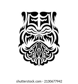 Black and white Tiki mask. Native Polynesians and Hawaiians tiki illustration in black and white. Isolated on white background. Flat style. Vector.