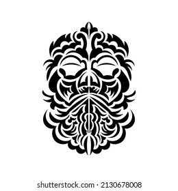 Black and white Tiki mask. Native Polynesians and Hawaiians tiki illustration in black and white. Isolated on white background. Flat style. Vector illustration.