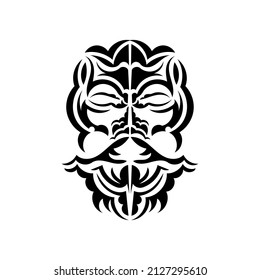 Black and white Tiki mask. Traditional decor pattern from Polynesia and Hawaii. Isolated. Tattoo sketch. Vector illustration.