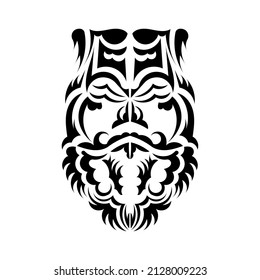 Black and white Tiki mask. Traditional decor pattern from Polynesia and Hawaii. Isolated on white background. Tattoo sketch. Vector.