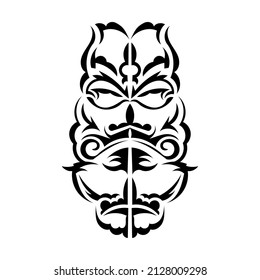 Black and white Tiki mask. Traditional decor pattern from Polynesia and Hawaii. Isolated. Ready tattoo template. Vector illustration.