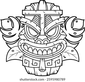 Black And White Tiki Mask with Tribal Carvings and Tropical Leaves. Hawaiian Polynesian Art Illustration. Vector Hand Drawn Illustration Isolated On Transparent Background