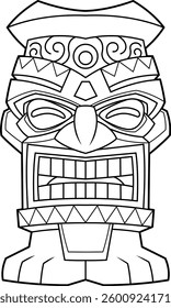 Black And White Tiki Mask with Tribal Carvings and Royal Elements. Hawaiian Polynesian Totem Art. Vector Hand Drawn Illustration Isolated On Transparent Background