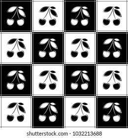 Black and white tile with cherry. Seamless vectorial geometric pattern.