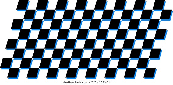 Ilusión de azulejos en blanco y negro con líneas azules, que demuestran la distorsión perceptiva para el diseño, el arte o el uso educativo. Rejilla de ilusión óptica con baldosas escalonadas.