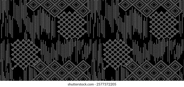 Black and white tileable pattern. Grunge worn damask pattern design. Distressed fabric texture. Overlay texture design. Vector illustration. Eps10.