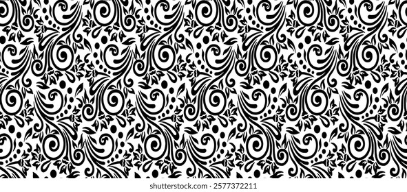 Black and white tileable pattern. Grunge worn damask pattern design. Distressed fabric texture. Overlay texture design. Vector illustration. Eps10.