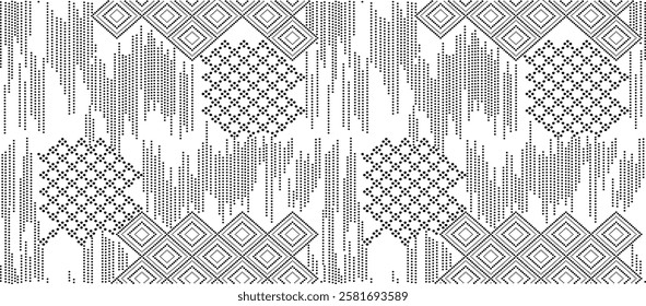 Black and white tileable pattern. Grunge worn damask pattern design. Distressed fabric texture. Overlay texture design. Vector illustration. Eps10.