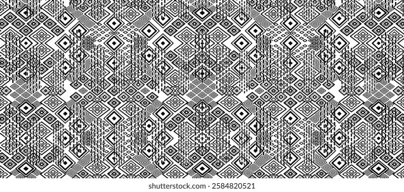 Black and white tileable pattern. Grunge worn damask pattern design. Distressed fabric texture. Overlay texture design. Vector illustration. Eps10.