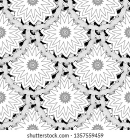 Black and white tiled floral vector seamless pattern. Ornamental monochrome background. Vintage round ethnic mandalas. Abstract geometric ornament with flowers, leaves, shapes, lines, waves, circles.