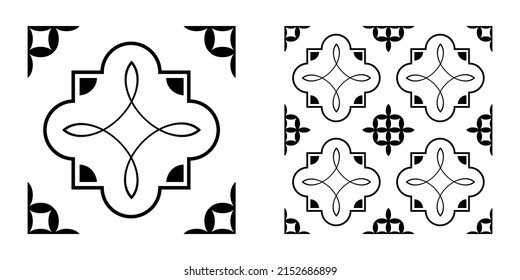 Black and white tiles. Azulejos art design. Spanish, Portugease tiles seamless pattern 