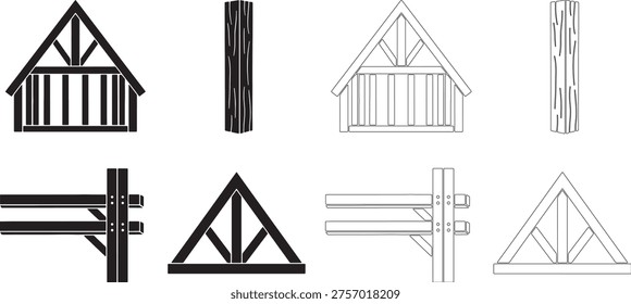 Black and white timber frame building and trusses wood