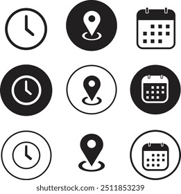 black and white time and date address icon vector for free download