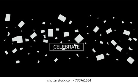 Black and White Tinsel Rich Confetti. Christmas, Birthday, New Year, Party Celebration Background. Funky Hipster Grunge Falling Tinsel Confetti. Business Background. Vector Frame, Ornament Banner.