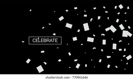 Black and White Tinsel Rich Confetti. Christmas, Birthday, New Year, Party Celebration Background. Funky Hipster Grunge Falling Tinsel Confetti. Business Background. Vector Frame, Ornament Banner.