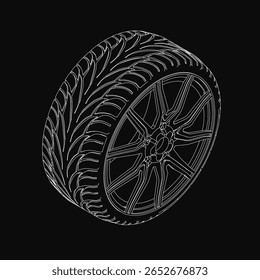 Black and white tire drawing stands out against a stark black background. The wheel features detailed tread patterns and clean lines. High contrast emphasizes the bold graphic style.