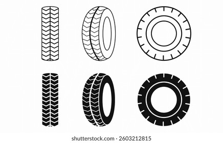 Black and white tire icons with different tread patterns. Perfect for automotive, transport, and mechanic-related designs. Vector illustration. 