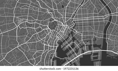 Black and white Tokyo city area vector background map, streets and water cartography illustration. Widescreen proportion, digital flat design streetmap.