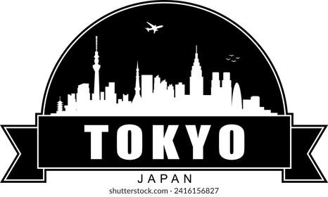 Black and white Tokyo Japan city buildings skyline negative air space silhouette dome shaped emblem with scroll banner below and name text inside. Vector eps graphic design.