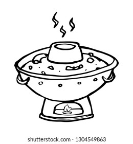 black and white tom yum kung or Thai spicy soup with shrimp and pot object, vector doodle arttom yum kung