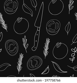 Black and white tomato background. Seamless vector pattern with cartoon tomatoes and herbs