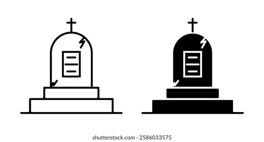 Black and white tombstone icon with a cross and cracks, in outline and filled styles.