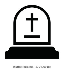 Black and white tombstone icon featuring a christian cross, perfect for cemetery navigation, funeral home branding, memorial websites, and historical grave markers.