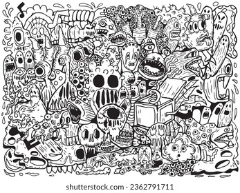 Black and White Tone Pattern Grafiti Drawing Doodle Art Pattern Halloween Monster For Textile clothes Skateboard, shoes, and bag printing backgrounds