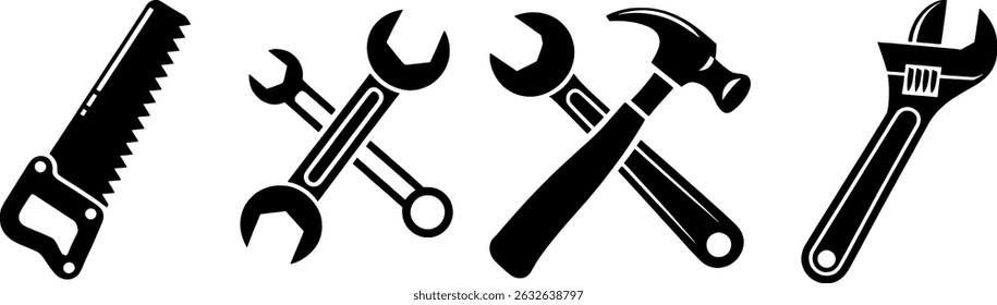 Black and white tool icons hammer wrench saw