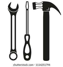 Black and white toolkit silhouette set. Handyman simple tool for home repair. Construction themed vector illustration for icon, logo, sticker, patch, label, badge, certificate or flayer decoration