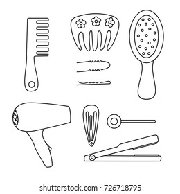 Black and white tools for hairstyles. Hair comb, hair dryer and clips. Vector icons set illustration.