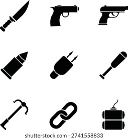 Black and white of and tools including a knife, guns, bullet, and bomb pistol