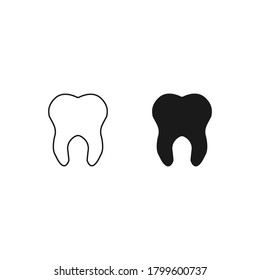 Icono de diente blanco y negro sobre fondo blanco. Higiene dental o señalización. Ilustración vectorial.