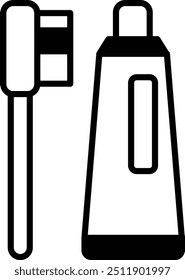 Un cepillo de dientes blanco y negro y un tubo de pasta de dientes se muestran en un estilo de dibujos animados