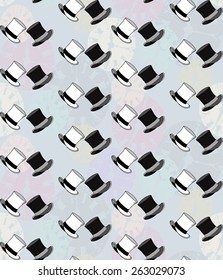 Black & White Top Hat Seamless Pattern on Pocket Watch Face pastel color vector background. Vintage style texture. Time concept. Cloth design. Used for wallpaper, pattern fills, web page background.