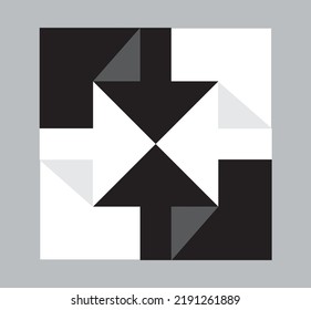 Symbol der Pyramidenpyramide, schwarz-weiß, Draufsicht, ein einfarbiger Pfeil nach innen in quadratischem Layout