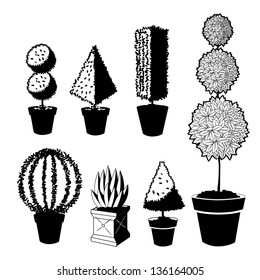 Black And White Topiary Icon Collection. EPS 10 Vector, Grouped For Easy Editing. No Open Shapes Or Paths.