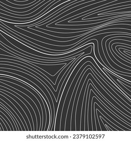 Black and white topographic line contour map background, hand drawn geographic network map