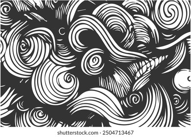 Black and white topographic line contour map background, hand drawn geographic network map