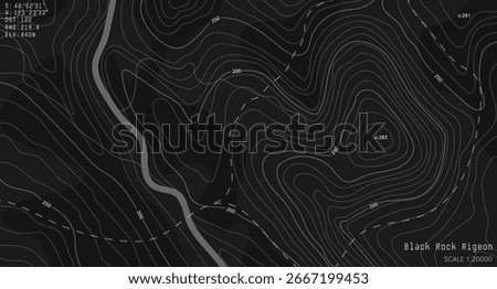 Black and white topographic map with contour lines and elevation marks. Stylish fantasy topo map for navigation with terrain contour and elevation signs. 